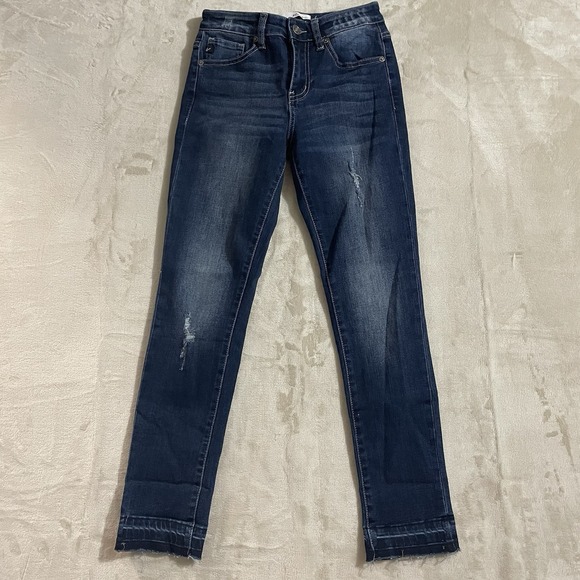 KanCan Denim - KanCan Jeans Womens 3/25 Straight Leg Distressed Raw Hems Blue Denim Dark Wash‎